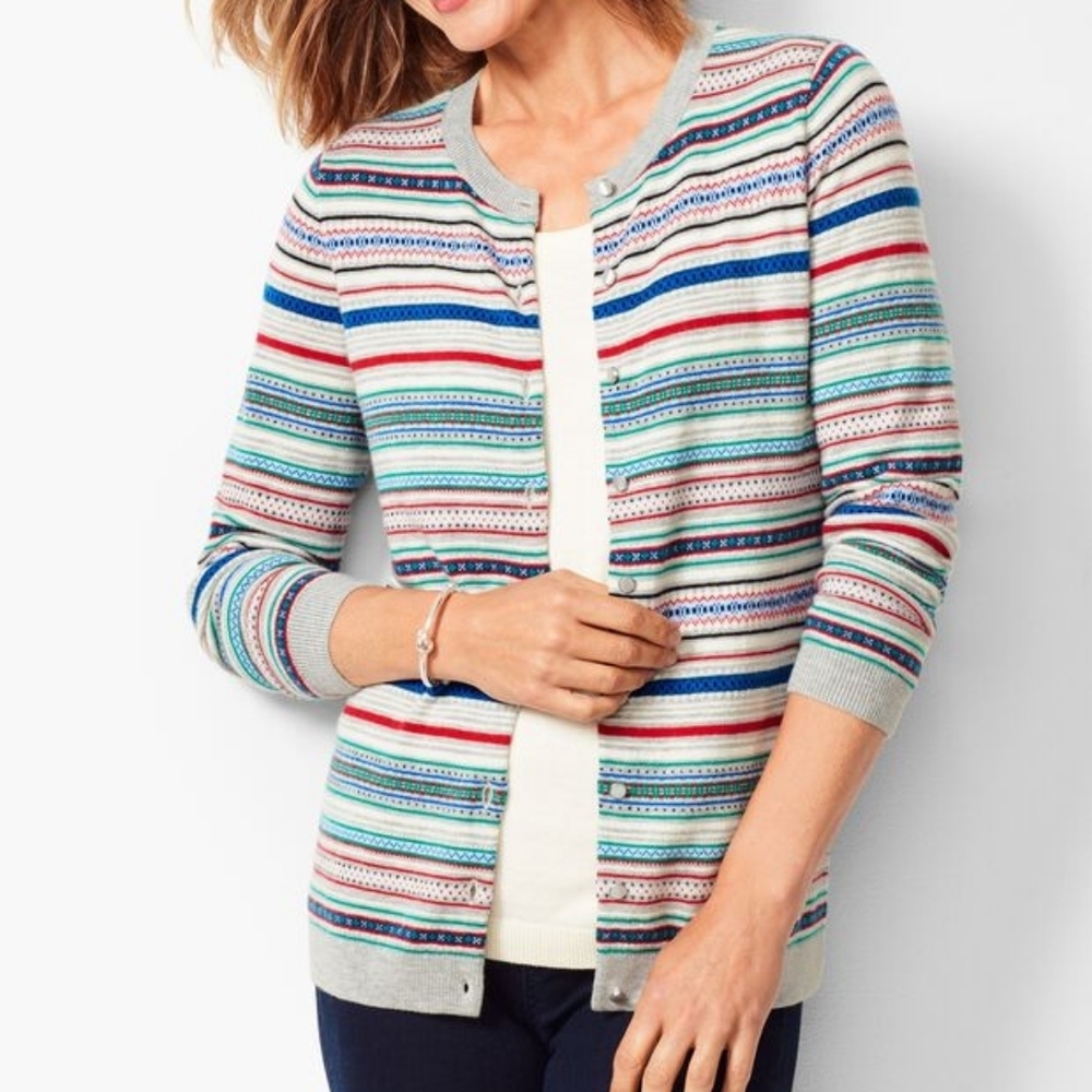 Talbots Women's Zigzag Fair Isle Cardigan Lambswool Stripes Sweater Size Large